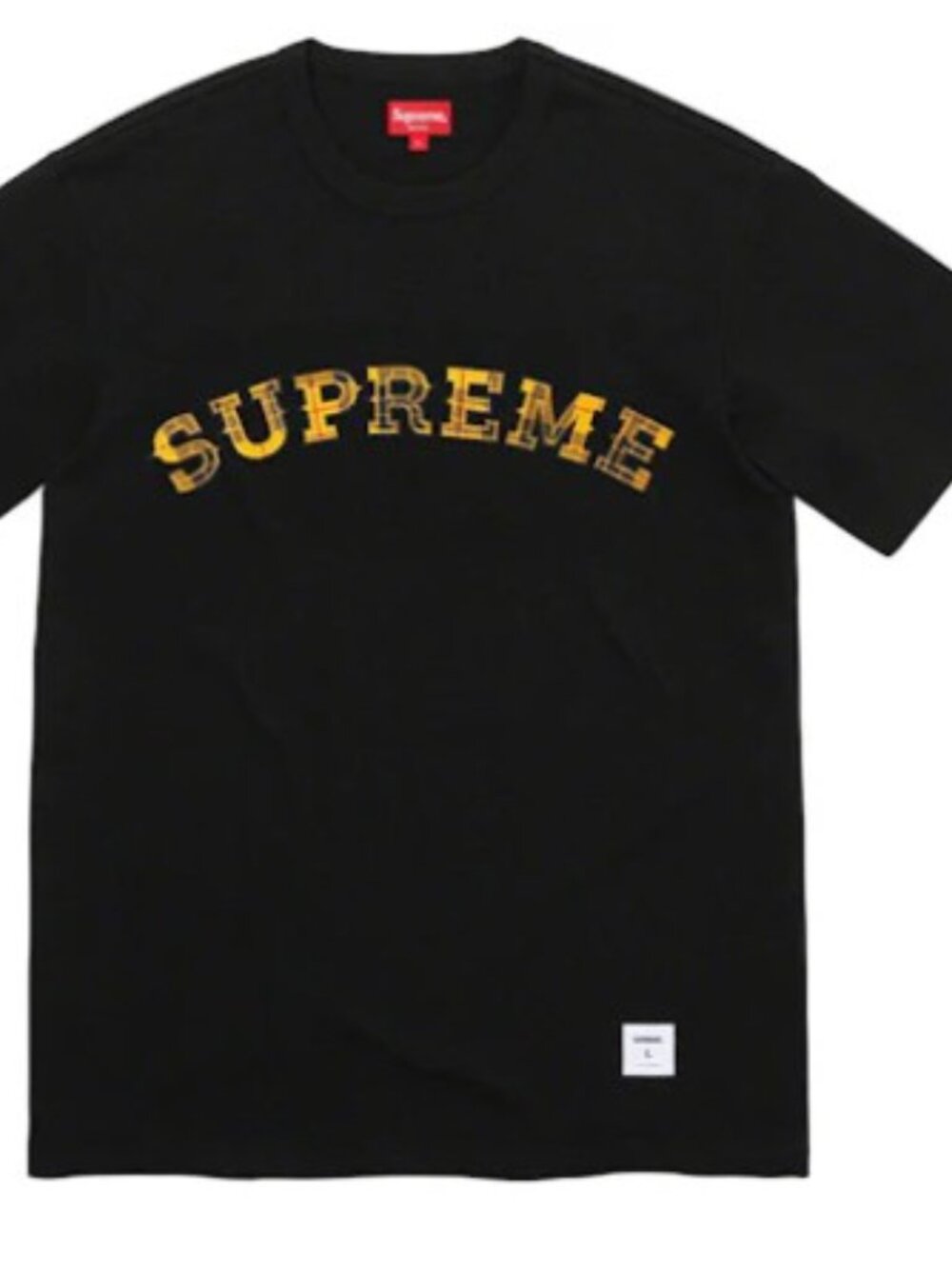 Supreme Black Tee with Yellow and Black Plaid Script